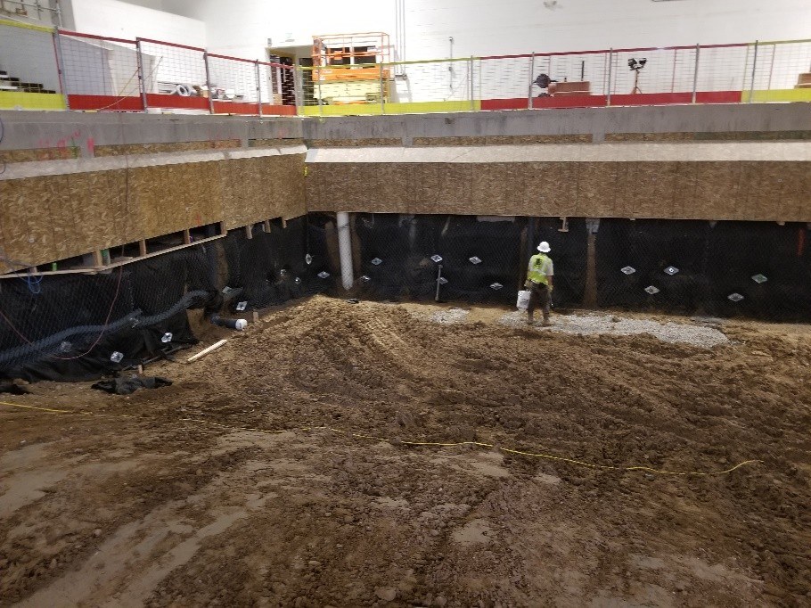Soil nail shoring wall with mesh facing around a deep excavation inside a building